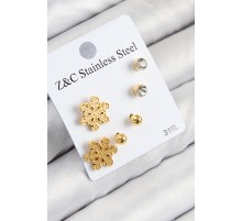 316L Çelik Zirkon Taşlı Kar Tanesi Model Gold Renk Kadın Set Küpe - TJ-BKP11122