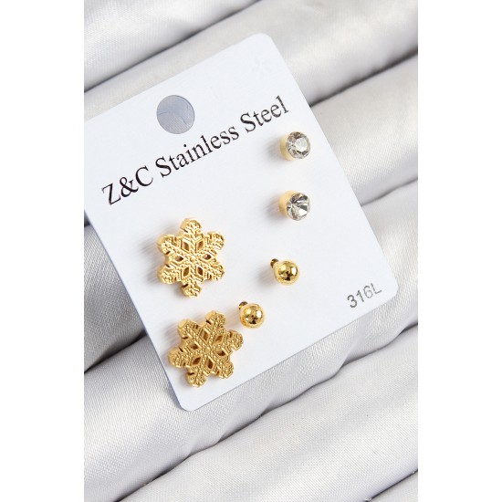316L Çelik Zirkon Taşlı Kar Tanesi Model Gold Renk Kadın Set Küpe - TJ-BKP11122