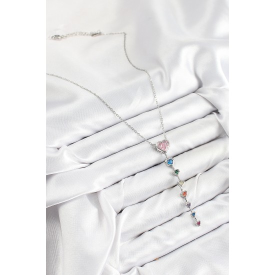 Pirinç Renkli Zirkon Taşlı Kalp Model Gümüş Renk Kadın Y Kolye - TJ-BKO10472