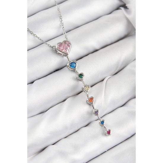 Pirinç Renkli Zirkon Taşlı Kalp Model Gümüş Renk Kadın Y Kolye - TJ-BKO10472