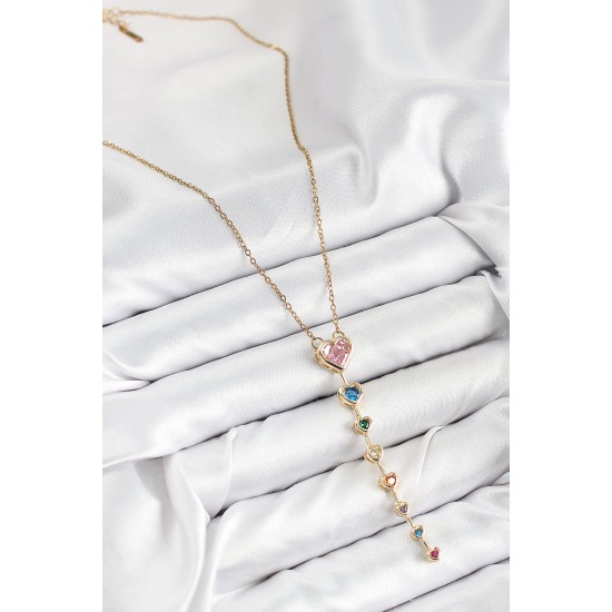 Pirinç Renkli Zirkon Taşlı Kalp Model Gold Renk Kadın Y Kolye - TJ-BKO10473