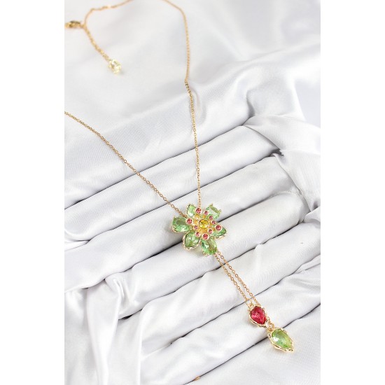 VIP Pirinç Zirkon Taşlı Çiçek Model Gold Renk Asansörlü Kadın Kolye - TJ-BKO10477