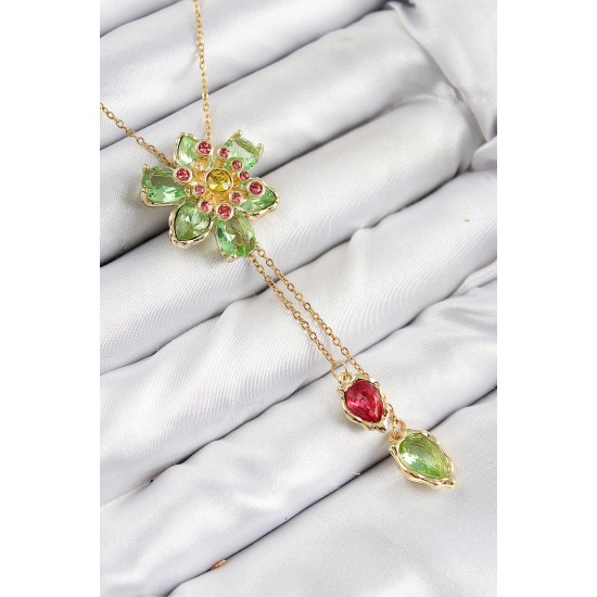 VIP Pirinç Zirkon Taşlı Çiçek Model Gold Renk Asansörlü Kadın Kolye - TJ-BKO10477