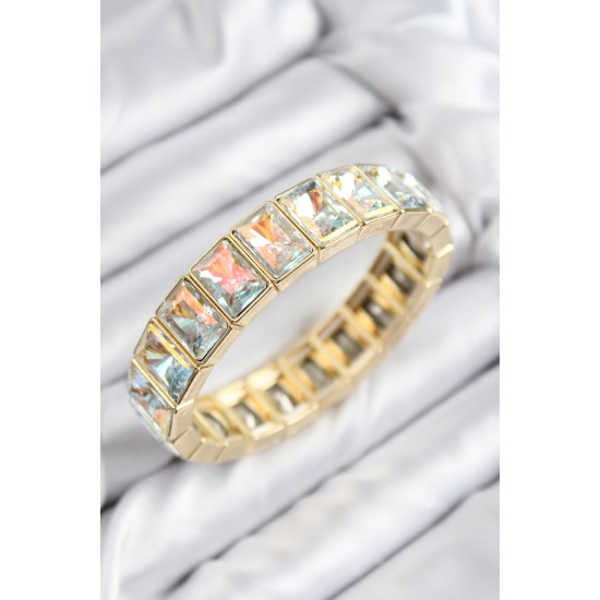 Pirinç Zirkon taşlı Dikdörtgen Gold Renk Lastikli Kadın Bileklik - TJ-BB7710