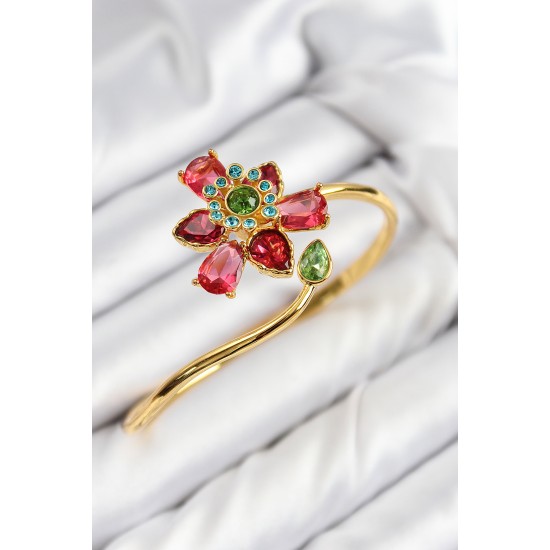 VIP Pirinç Zirkon Taşlı Çiçek Model Gold Renk Kadın Bileklik - TJ-BB7711