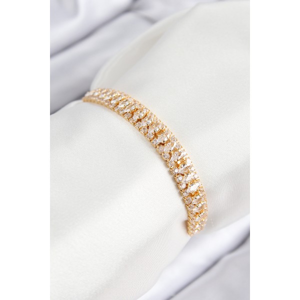 Pirinç Zirkon Taşlı Tennıs Model Gold Renk Asansörlü Kadın Bileklik - TJ-BB7717