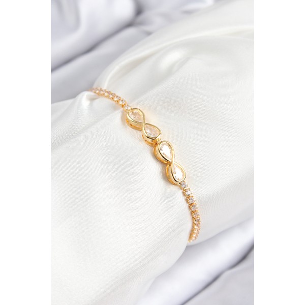 Pirinç Zirkon Taşlı Sonsuzluk Model Gold Renk Asansörlü Kadın Bileklik - TJ-BB7721