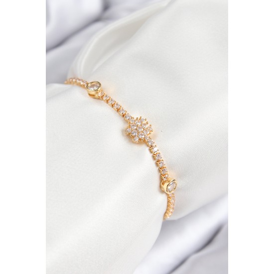 Pirinç Zirkon Taşlı Kar Tanesi Model Gold Renk Asansörlü Kadın Bileklik - TJ-BB7723