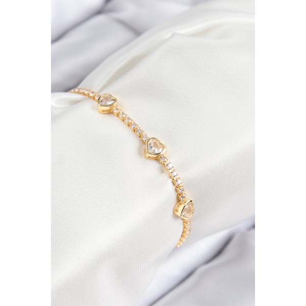 Pirinç Zirkon Taşlı Sıralı Kalp Model Gold Renk Kadın Bileklik - TJ-BB7729