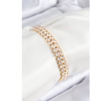 Pirinç Zirkon Taşlı Çift Sıra Kare Model Gold Renk Asansörlü Kadın Bileklik - TJ-BB7731