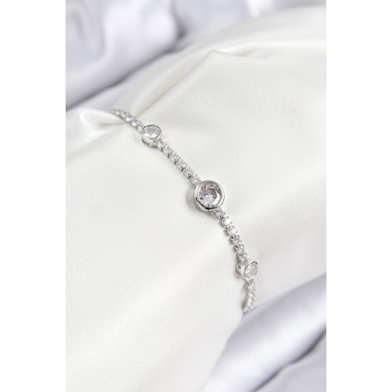 Pirinç Zirkon Taşlı Daire Model Gümüş Renk Asansörlü Kadın Bileklik - TJ-BB7732
