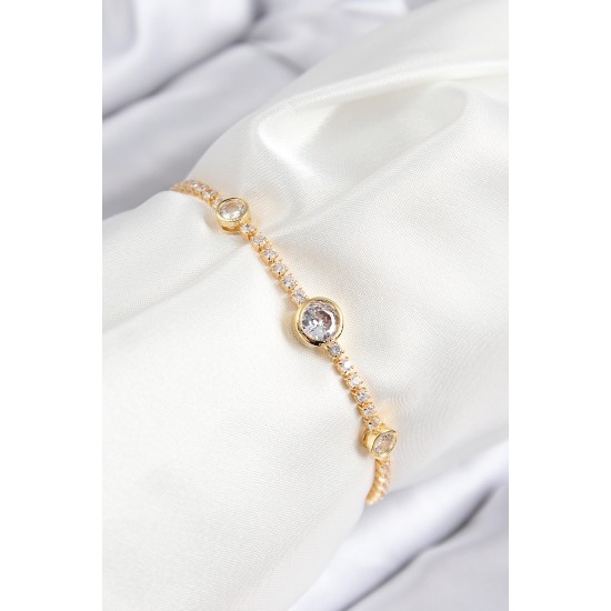 Pirinç Zirkon Taşlı Daire Model Gold Renk Asansörlü Kadın Bileklik - TJ-BB7733