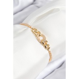 Pirinç Zirkon Taşlı Zincir Model Gold Renk Asansörlü Kadın Bileklik TJ-BB7735