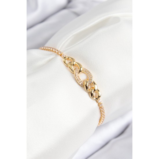 Pirinç Zirkon Taşlı Zincir Model Gold Renk Asansörlü Kadın Bileklik - TJ-BB7735