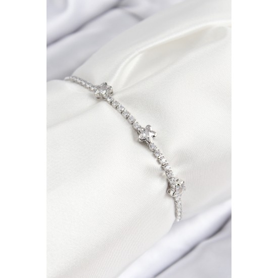 Pirinç Zirkon Taşlı Yıldız Model Gümüş Renk Asansörlü Kadın Bileklik - TJ-BB7736