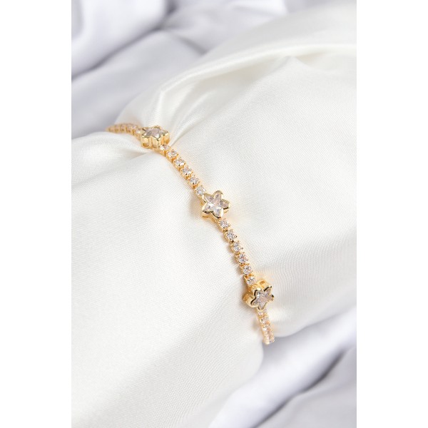 Pirinç Zirkon Taşlı Yıldız Model Gold Renk Asansörlü Kadın Bileklik - TJ-BB7737