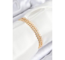Pirinç Zirkon Taşlı Çift Sıra Model Gold Renk Asansörlü Kadın Bileklik - TJ-BB7739