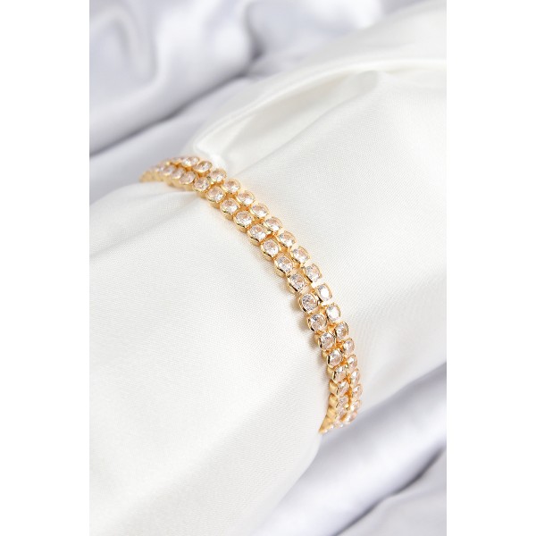 Pirinç Zirkon Taşlı Çift Sıra Model Gold Renk Asansörlü Kadın Bileklik - TJ-BB7739