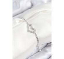 Pirinç Zirkon Taşlı Kalp Model Gümüş Renk Asansörlü Kadın Bileklik - TJ-BB7742