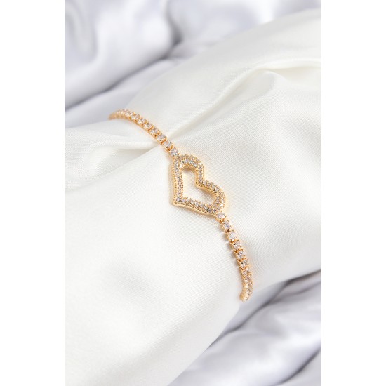 Pirinç Zirkon Taşlı Kalp Model Gümüş Renk Asansörlü Kadın Bileklik - TJ-BB7743