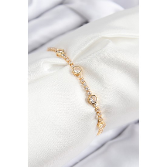 Pirinç Zirkon Taşlı Daire Model Gold Renk Asansörlü Kadın Bileklik - TJ-BB7745