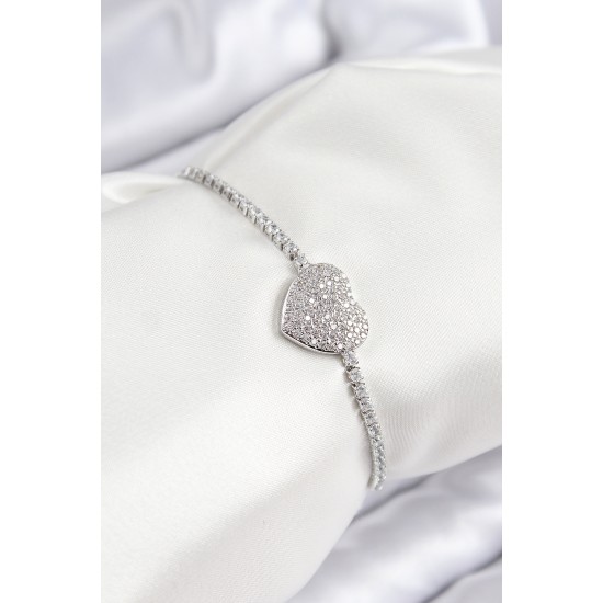 Pirinç Zirkon Taşlı Kalp Model Gümüş Renk Asansörlü Kadın Bileklik - TJ-BB7746