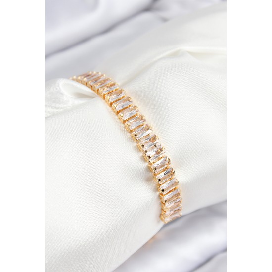 Pirinç Zirkon Taşlı Su Yolu Model Gold Renk Asansörlü Kadın Bileklik - TJ-BB7749
