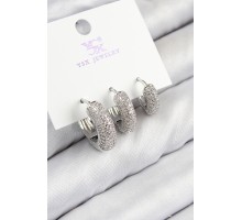 Pirinç Zirkon Taşlı 3'lü Halka Model Gümüş Renk Kadın Küpe - TJ-BKP11123