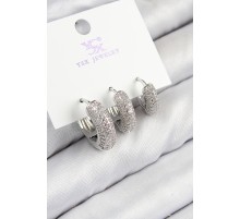 Pirinç Zirkon Taşlı 3'lü Halka Model Gümüş Renk Kadın Küpe - TJ-BKP11123