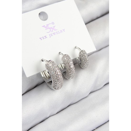 Pirinç Zirkon Taşlı 3'lü Halka Model Gümüş Renk Kadın Küpe - TJ-BKP11123