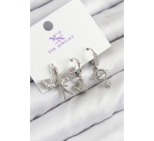 Pirinç Zirkon Taşlı 3'lü Kuş Model Gümüş Renk Kadın Küpe - TJ-BKP11124