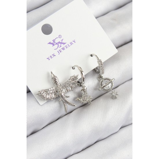 Pirinç Zirkon Taşlı 3'lü Kuş Model Gümüş Renk Kadın Küpe - TJ-BKP11124