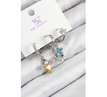 Pirinç Zirkon Taşlı 3'lü Arı Ve Çiçek Model Gümüş Renk Kadın Küpe - TJ-BKP11126