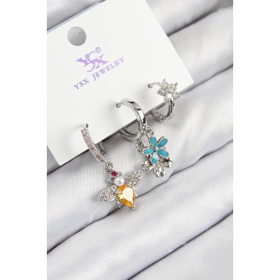 Pirinç Zirkon Taşlı 3'lü Arı Ve Çiçek Model Gümüş Renk Kadın Küpe - TJ-BKP11126