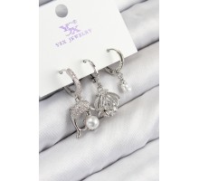 Pirinç Zirkon Taşlı 3'lü Yunus Balığı Ve İstiridye Model Gümüş Renk Kadın Küpe - TJ-BKP11127