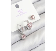 Pirinç Zirkon Taşlı 3'lü Pembe Kalp Model Gümüş Renk Kadın Küpe - TJ-BKP11128