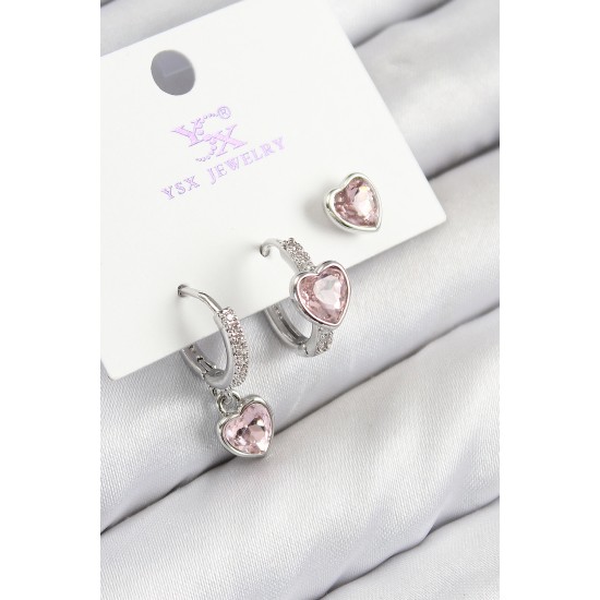 Pirinç Zirkon Taşlı 3'lü Pembe Kalp Model Gümüş Renk Kadın Küpe - TJ-BKP11128