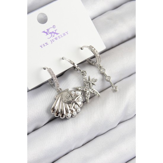 Pirinç Zirkon Taşlı 3'lü Yıldız Ve İstiridye Model Gümüş Renk Kadın Küpe - TJ-BKP11131