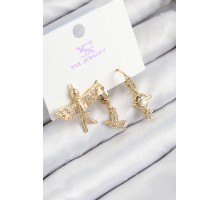 Pirinç Zirkon Taşlı 3'lü Kuş Model Gold Renk Kadın Küpe - TJ-BKP11133