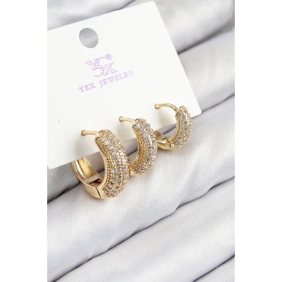 Pirinç Zirkon Taşlı 3'lü Halka Model Gold Renk Kadın Küpe - TJ-BKP11134