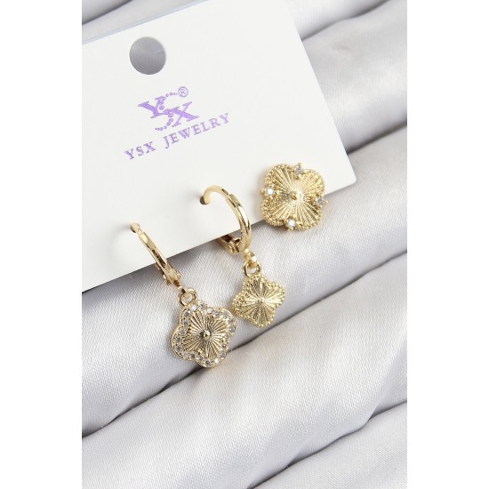 Pirinç Zirkon Taşlı 3'lü Yonca Model Gold Renk Kadın Küpe - TJ-BKP11135