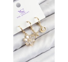 Pirinç Zirkon Taşlı 3'lü İstiridye Ve Çiçek Model Gold Renk Kadın Küpe - TJ-BKP11137