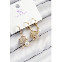 Pirinç Zirkon Taşlı 3'lü Yunus Balığı Ve İstiridye Model Gold Renk Kadın Küpe - TJ-BKP11139