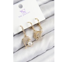 Pirinç Zirkon Taşlı 3'lü Yunus Balığı Ve İstiridye Model Gold Renk Kadın Küpe - TJ-BKP11139