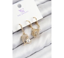 Pirinç Zirkon Taşlı 3'lü Yunus Balığı Ve İstiridye Model Gold Renk Kadın Küpe - TJ-BKP11139