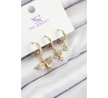 Pirinç Zirkon Taşlı 3'lü Kuş Model Gold Renk Kadın Küpe - TJ-BKP11140