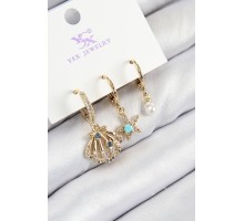 Pirinç Zirkon Taşlı 3'lü İstiridye Ve Yıldız Model Gold Renk Kadın Küpe - TJ-BKP11141