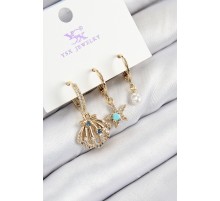 Pirinç Zirkon Taşlı 3'lü İstiridye Ve Yıldız Model Gold Renk Kadın Küpe - TJ-BKP11141