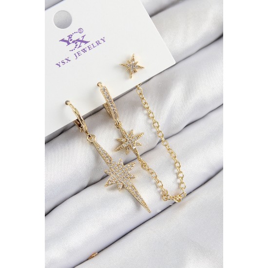 Pirinç Zirkon Taşlı 3'lü Kutup Yıldızı Model Gold Renk Kadın Küpe - TJ-BKP11142