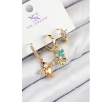 Pirinç Zirkon Taşlı 3'lü Arı Ve Çiçek Model Gold Renk Kadın Küpe - TJ-BKP11143
